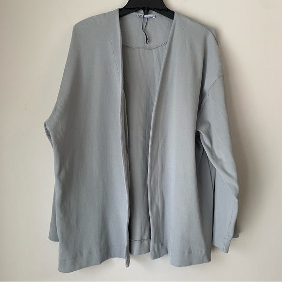ZARA Gray Ribbed Open Front Cardigan Sweater Size US XL - Picture 2 of 8